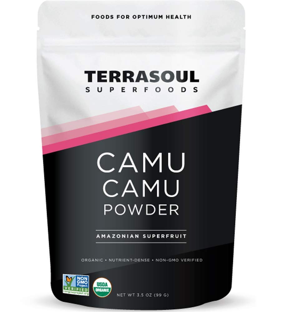 Terrasoul Superfoods empaque frontal de camu camu mostrando tamaño y sellos orgánicos