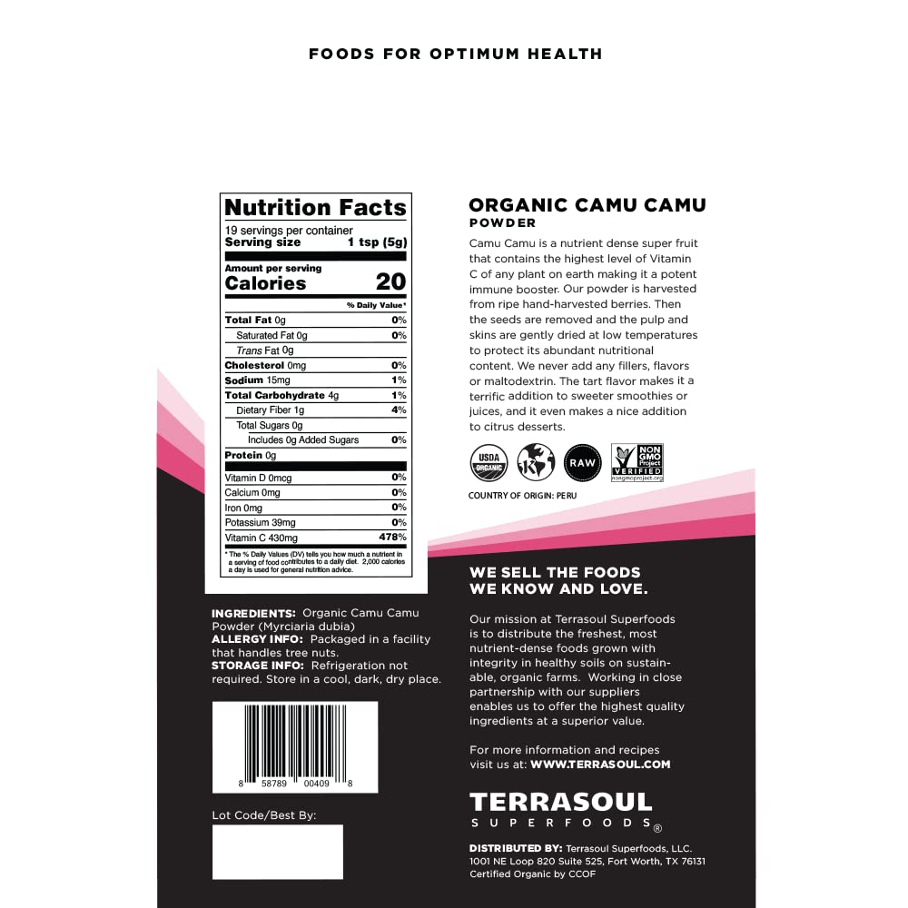 Terrasoul Superfoods polvo de camu camu textura fina y color natural para mezclar