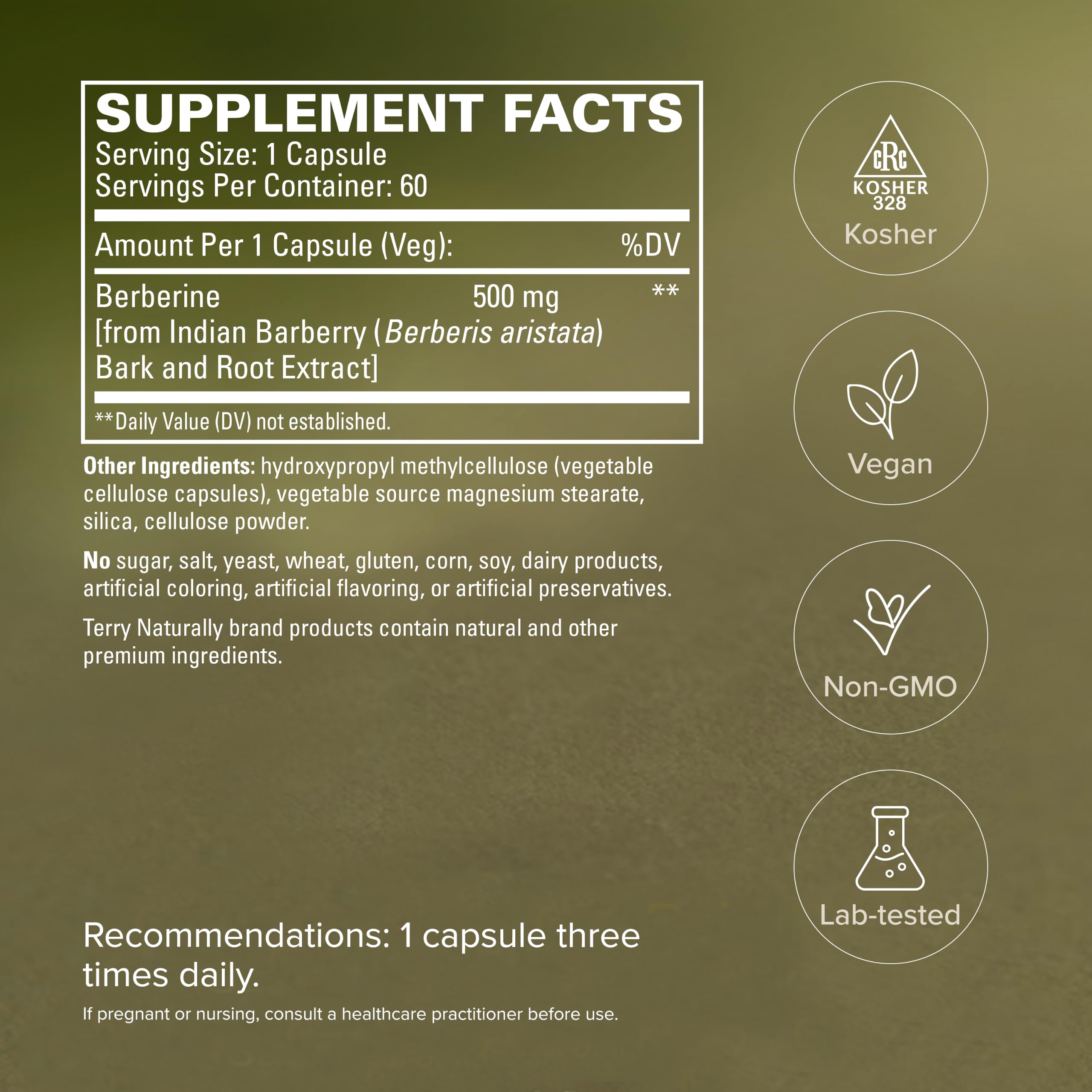 Terry Naturally etiqueta con ingredientes y ausencia de alérgenos clara