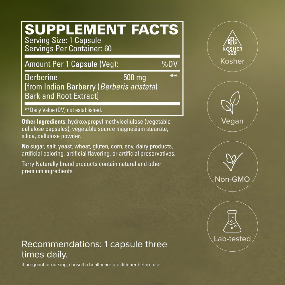 Terry Naturally etiqueta con ingredientes y ausencia de alérgenos clara
