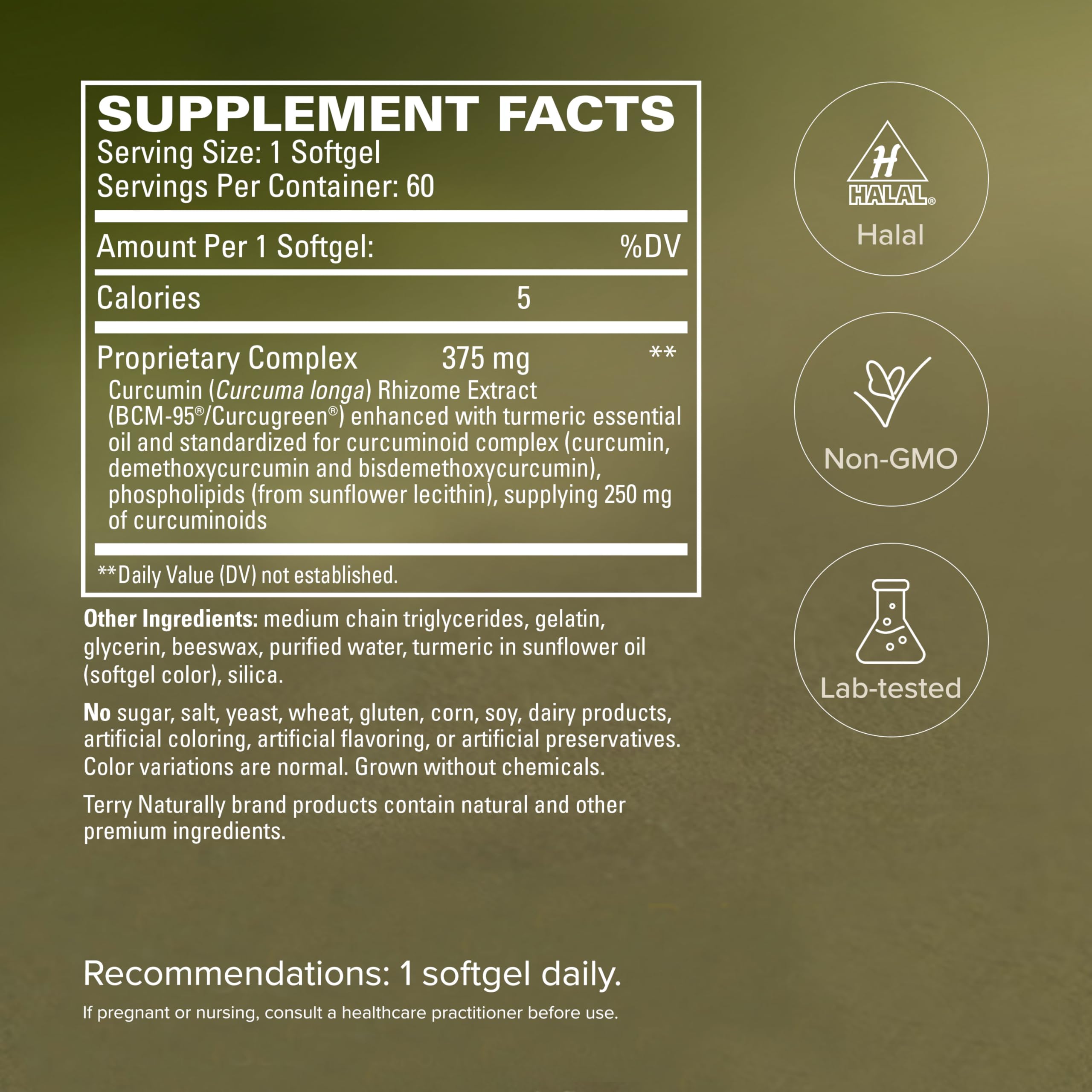Terry Naturally etiqueta detallada de CuraMed, ingredientes y sin alérgenos visibles