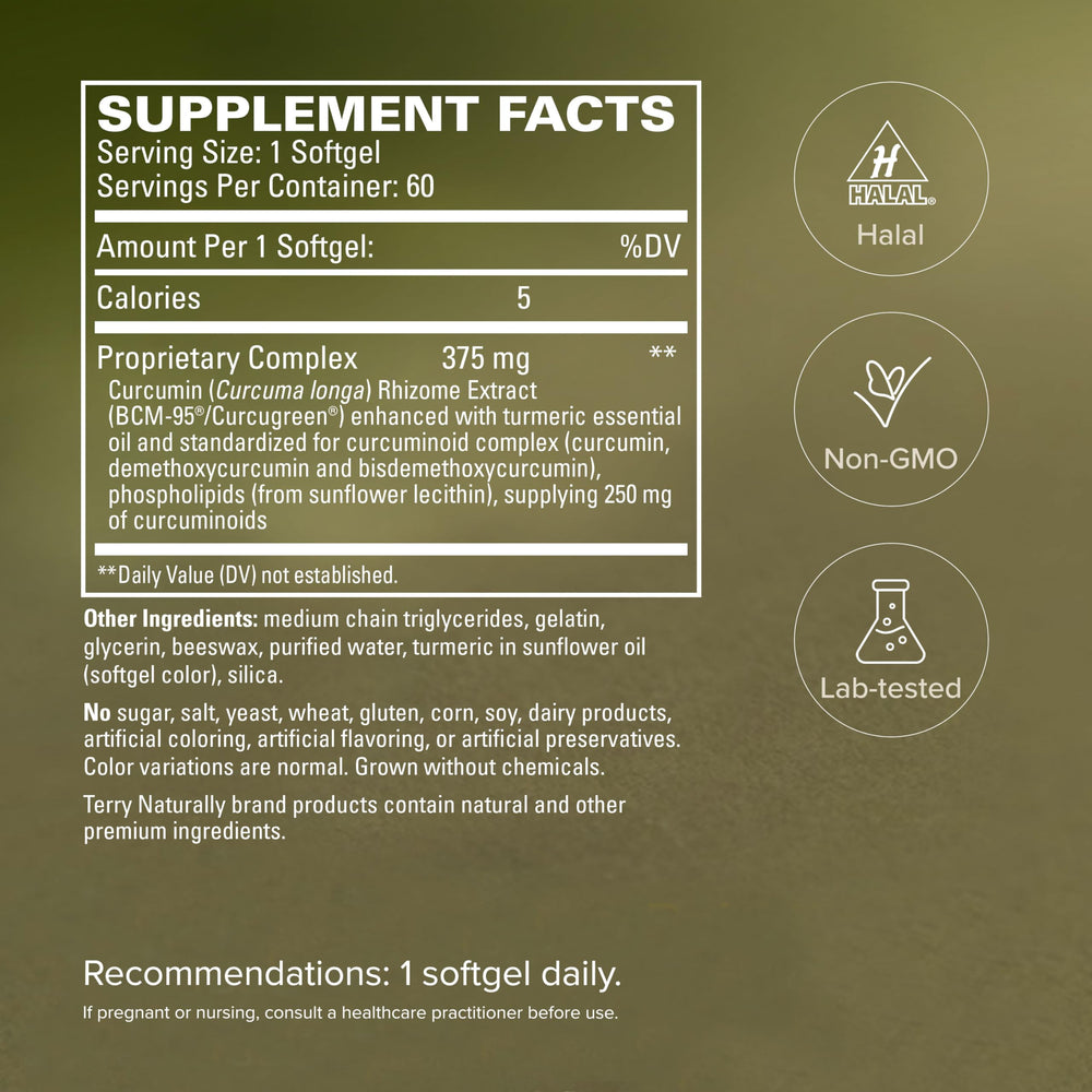 Terry Naturally etiqueta detallada de CuraMed, ingredientes y sin alérgenos visibles
