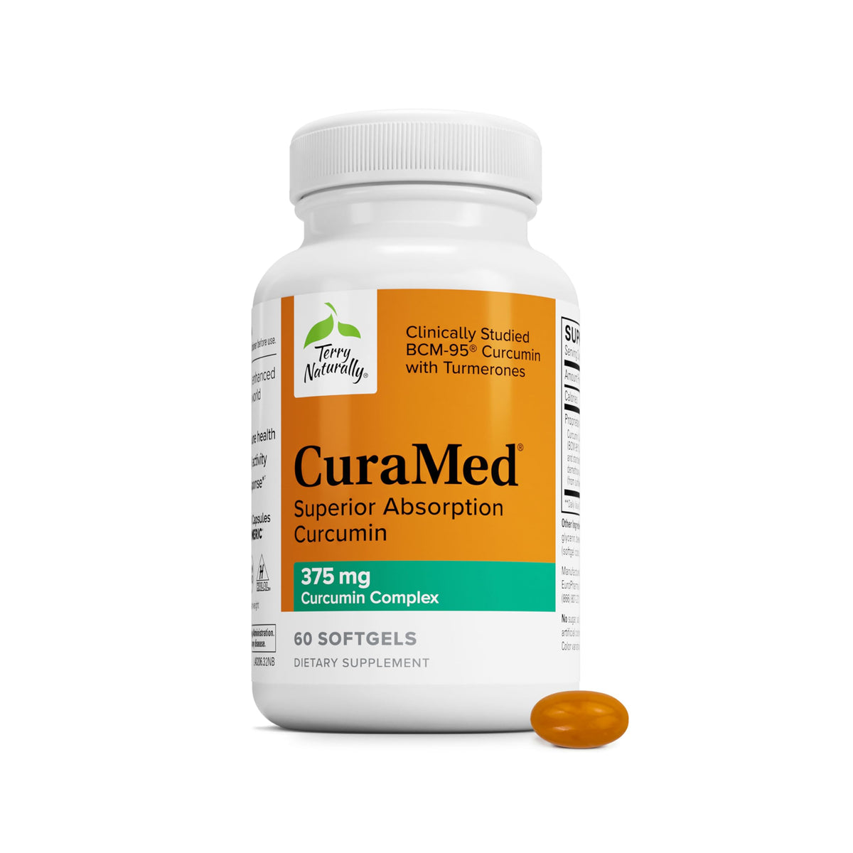 Terry Naturally frasco frontal mostrando CuraMed 375 mg, fácil identificación y confianza