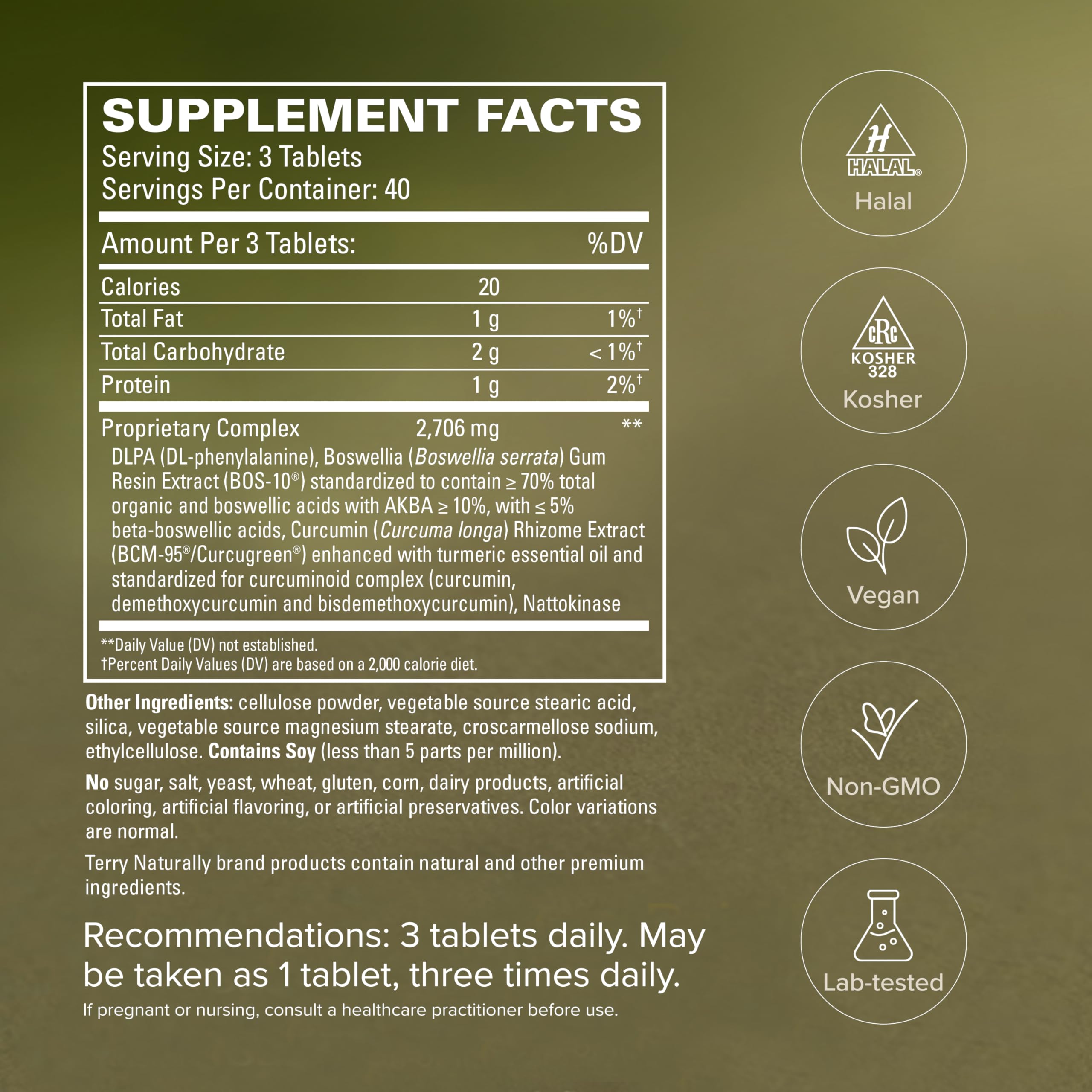 Etiqueta de Terry Naturally Curamin con lista de ingredientes para transparencia