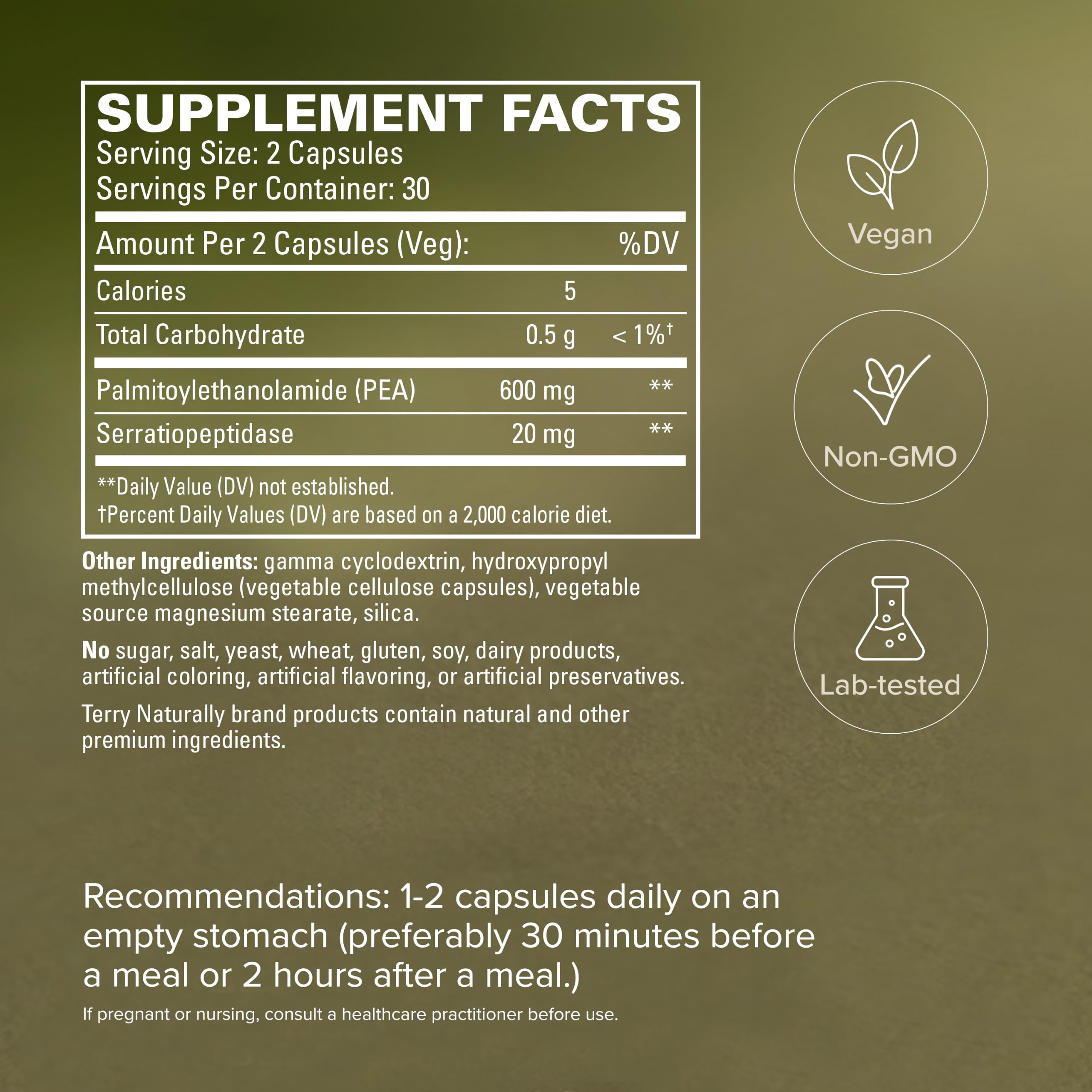 Terry Naturally etiqueta legible con ingredientes y ventajas de formulación