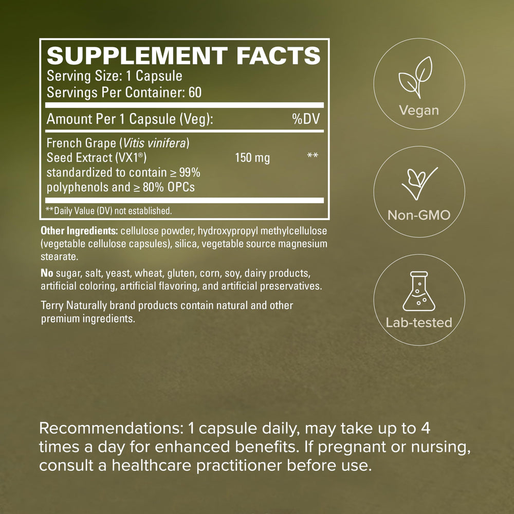 Terry Naturally etiqueta nutricional en closeup, informa ingredientes