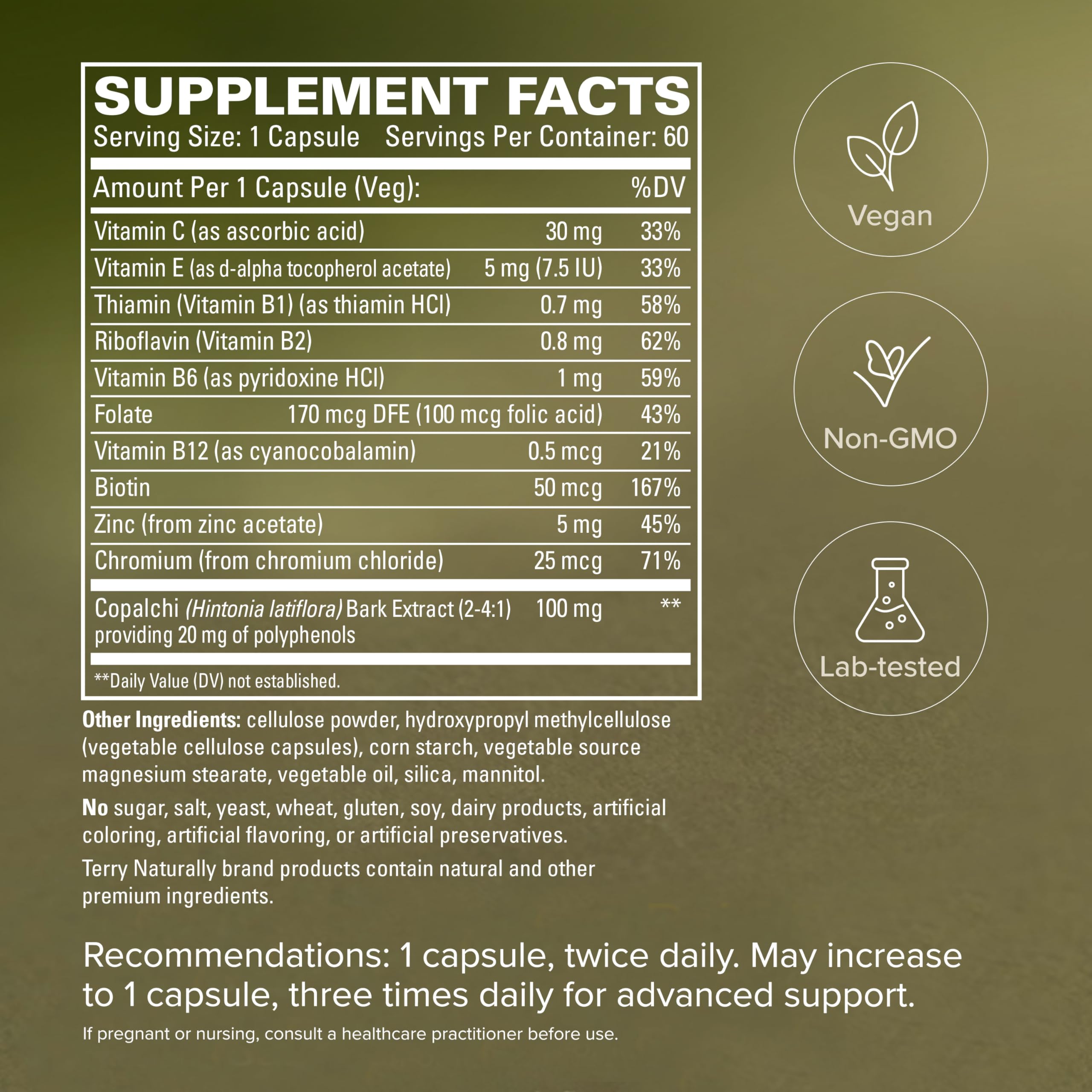 Terry Naturally etiqueta nutricional legible con vitaminas y minerales