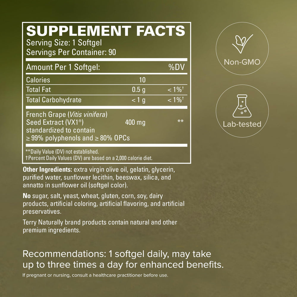 Terry Naturally semillas de uva que ilustran fuente natural de OPCs y antioxidantes