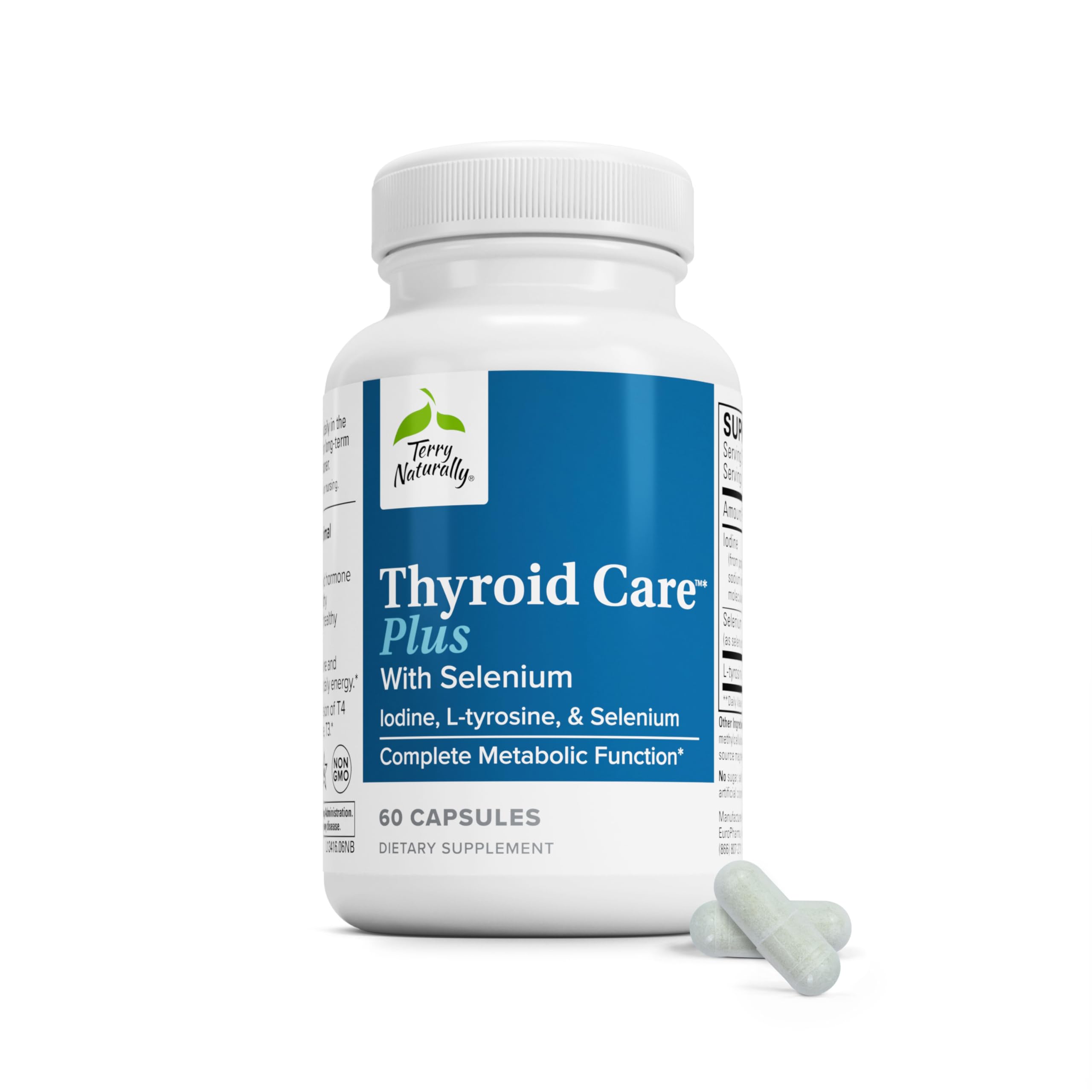 Terry Naturally Thyroid Care Plus vista frontal mostrando envase y beneficio apoyo tiroideo