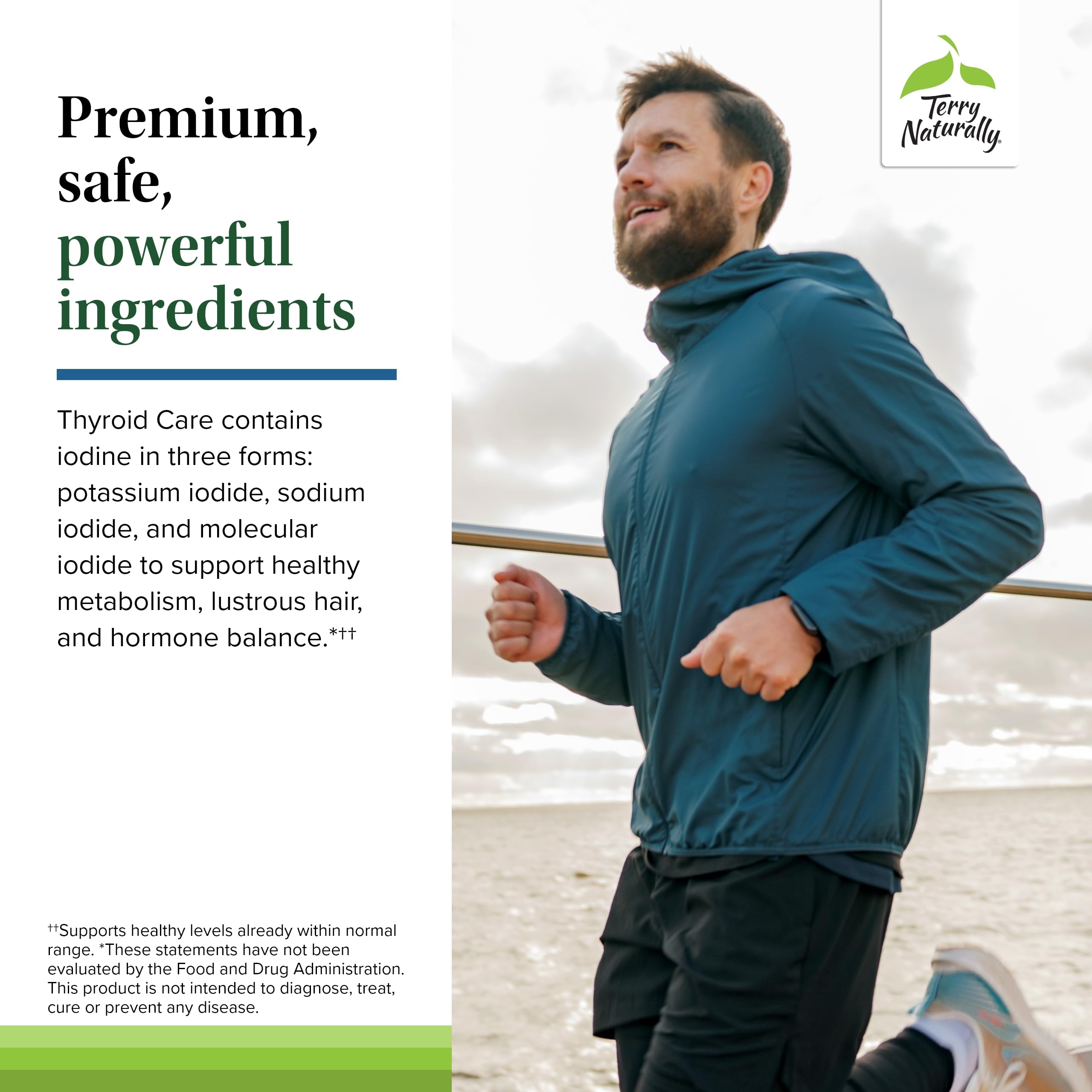 Ingredients panel of Terry Naturally Thyroid Care Plus featuring iodine, L-tyrosine, selenium