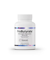 Tesseract ProButyrate botella frontal mostrando 60 cápsulas y beneficio de absorción