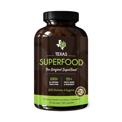 Texas SuperFood frasco frontal mostrando etiqueta y beneficio de nutrientes concentrados