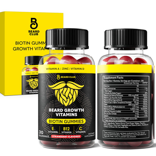 The Beard Club envase frontal mostrando gomitas y sabor fresa para conveniencia