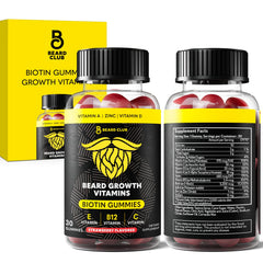 The Beard Club envase frontal mostrando gomitas y sabor fresa para conveniencia