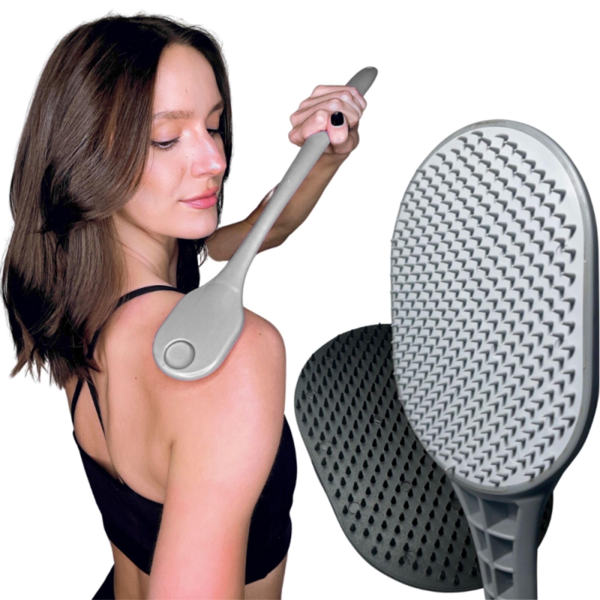 The Body Scratcher vista frontal mostrando diseño y agarre ergonómico y beneficio de alcance