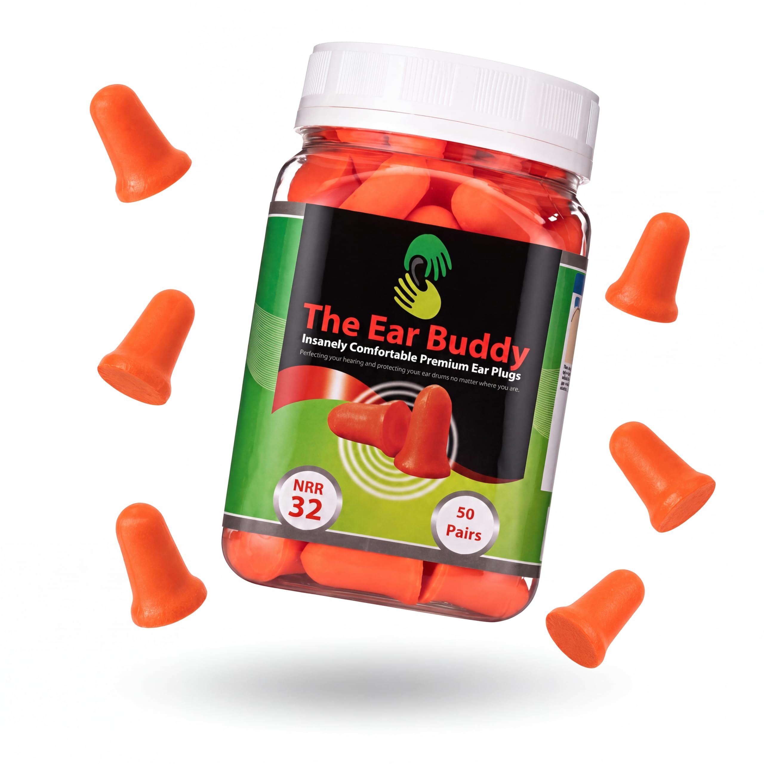 The Ear Buddy frente del empaque mostrando 50 pares y beneficios