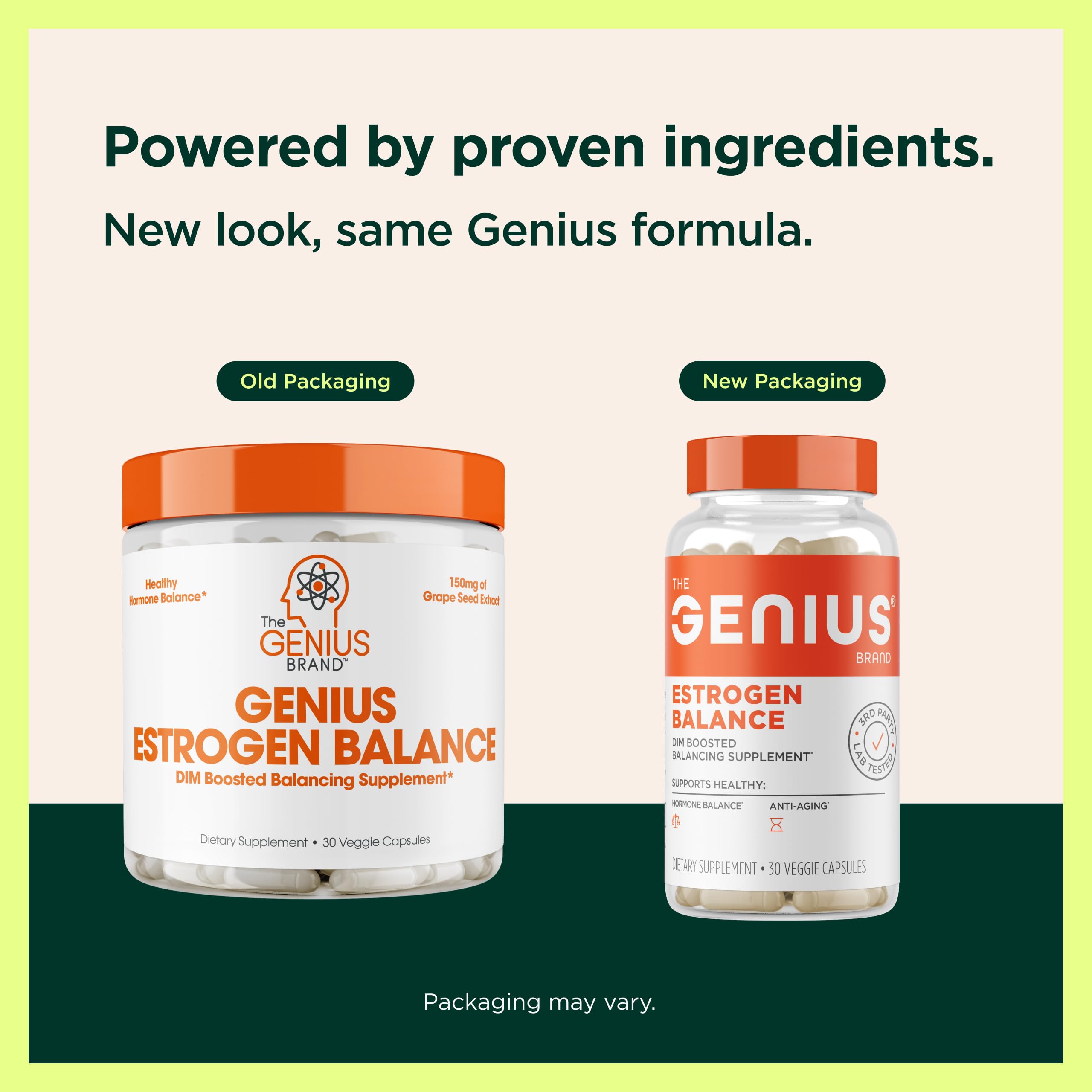 The Genius Brand etiqueta con lista de ingredientes y beneficios clave