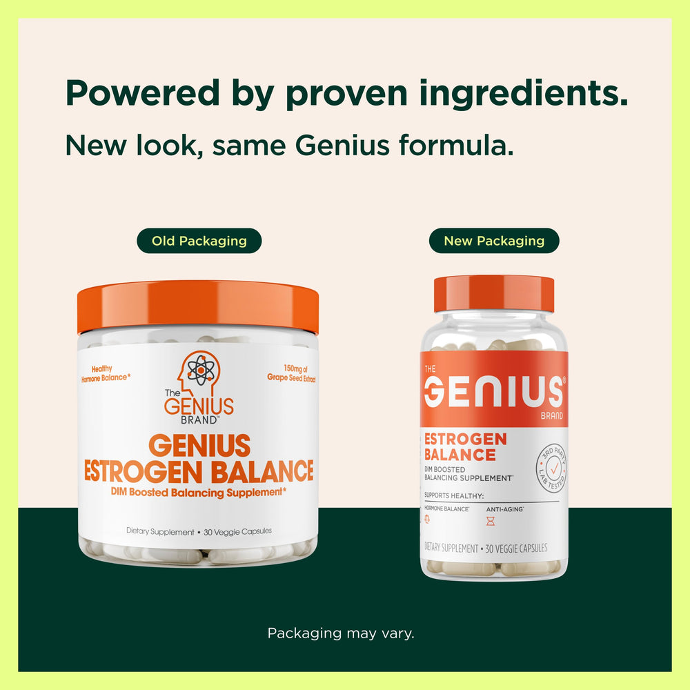 The Genius Brand etiqueta con lista de ingredientes y beneficios clave