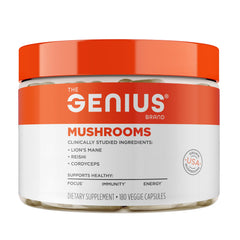 The Genius Brand frasco frontal mostrando 180 cápsulas y beneficios claros
