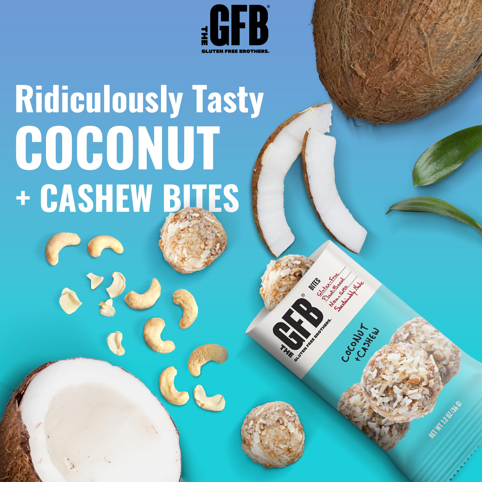 The GFB Coconut Cashew Protein Bites packaging shows a 10 x 1.2 oz bundle.