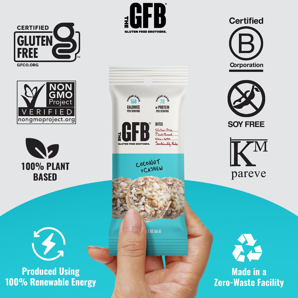 The GFB Coconut Cashew Protein Bites in gym bag setting for quick energy.