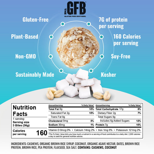 The GFB Coconut Cashew Protein Bites ingredients highlight plant-based protein.