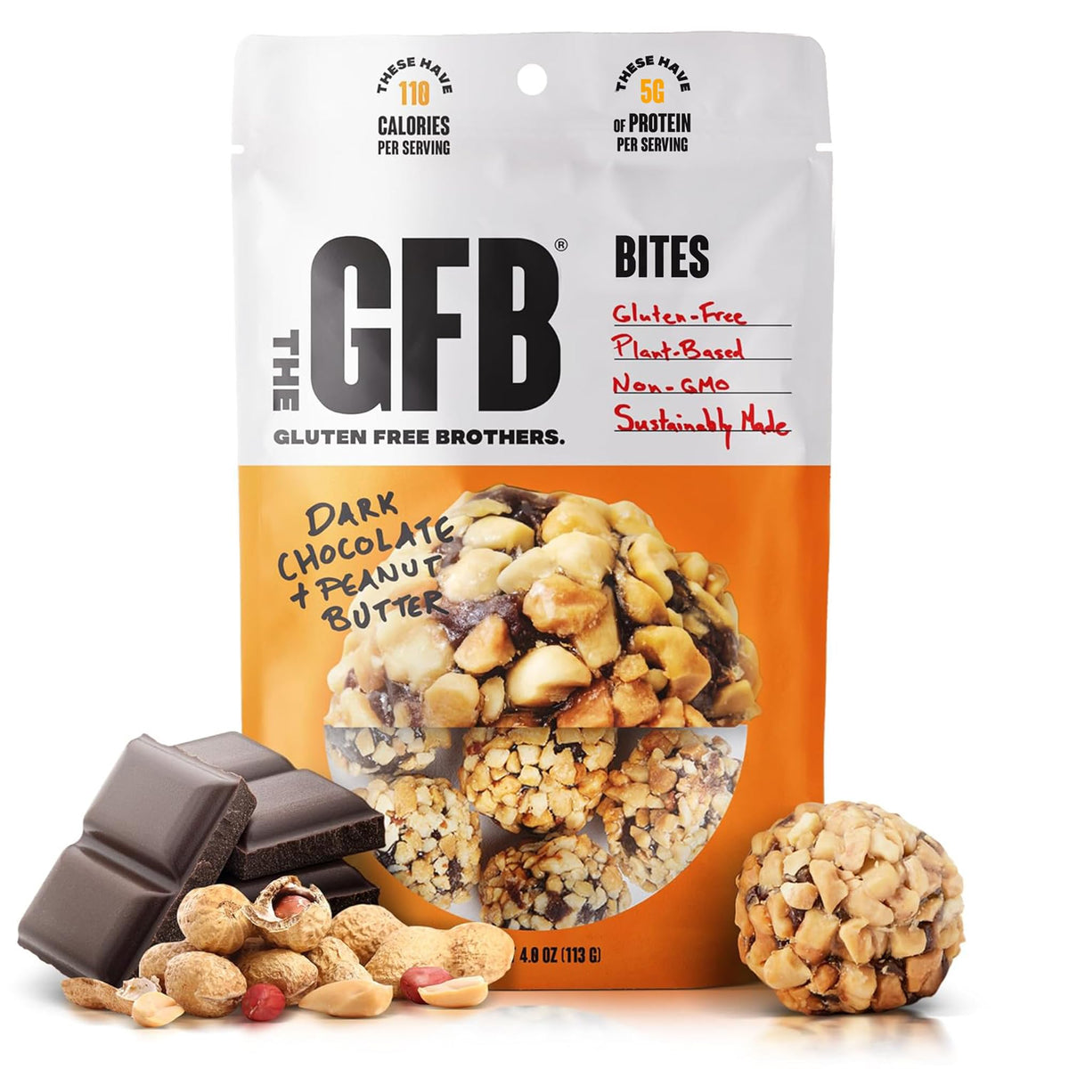 The GFB empaque frontal mostrando sabor chocolate negro y maní, conveniencia para llevar