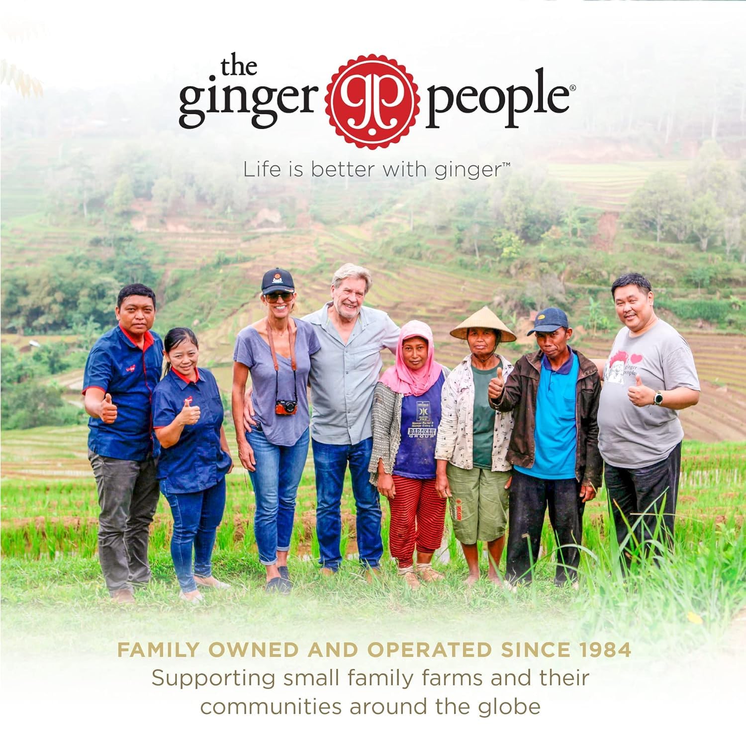 The Ginger People etiqueta con certificaciones vegano kosher sin GMO visibles