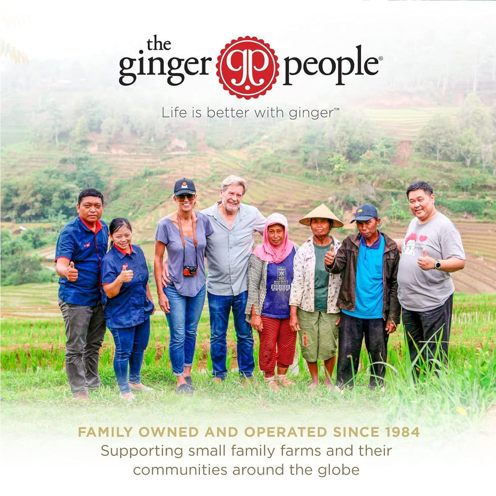 The Ginger People etiqueta con certificaciones vegano kosher sin GMO visibles