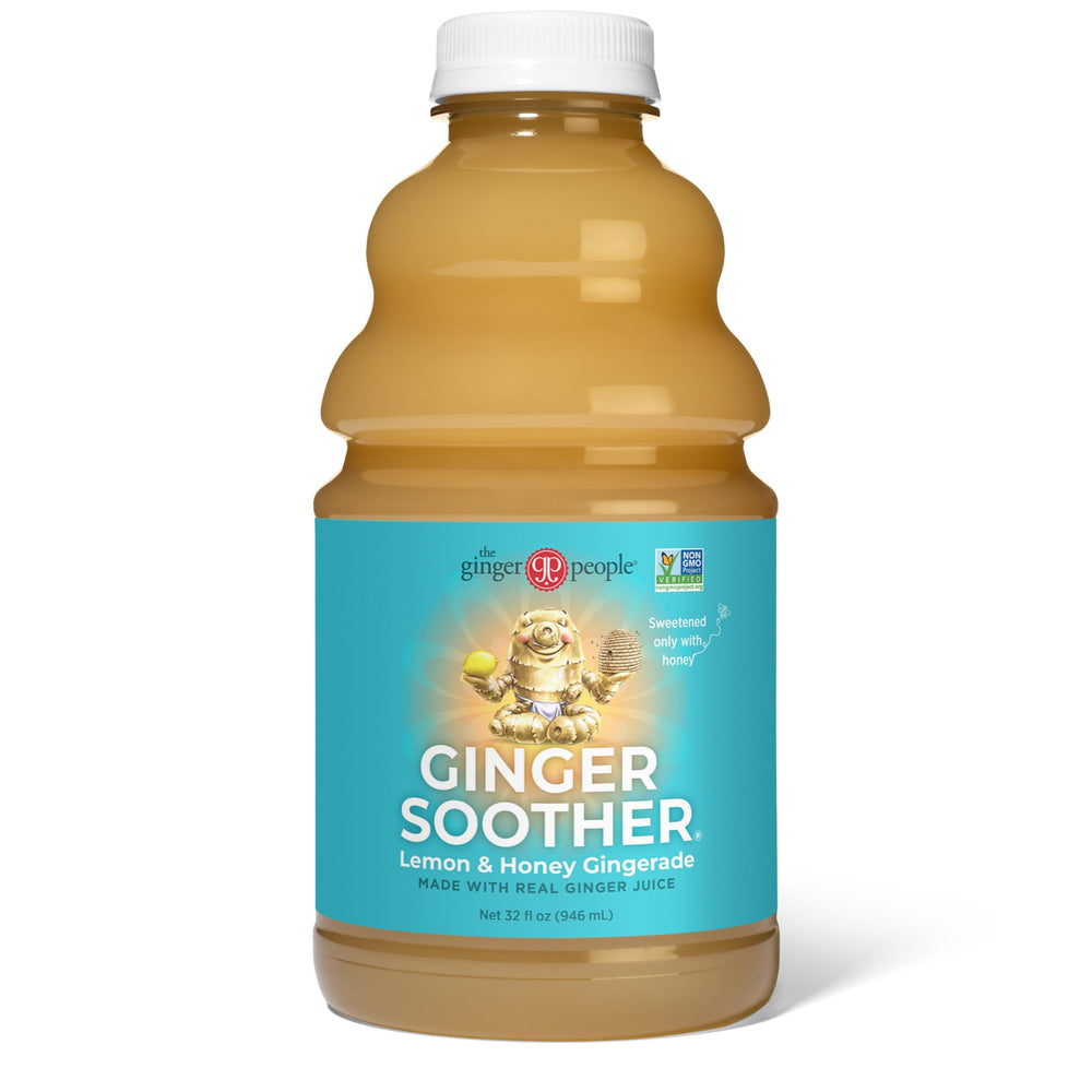 The Ginger People botella frontal mostrando diseño y tamaño con beneficios digestivos
