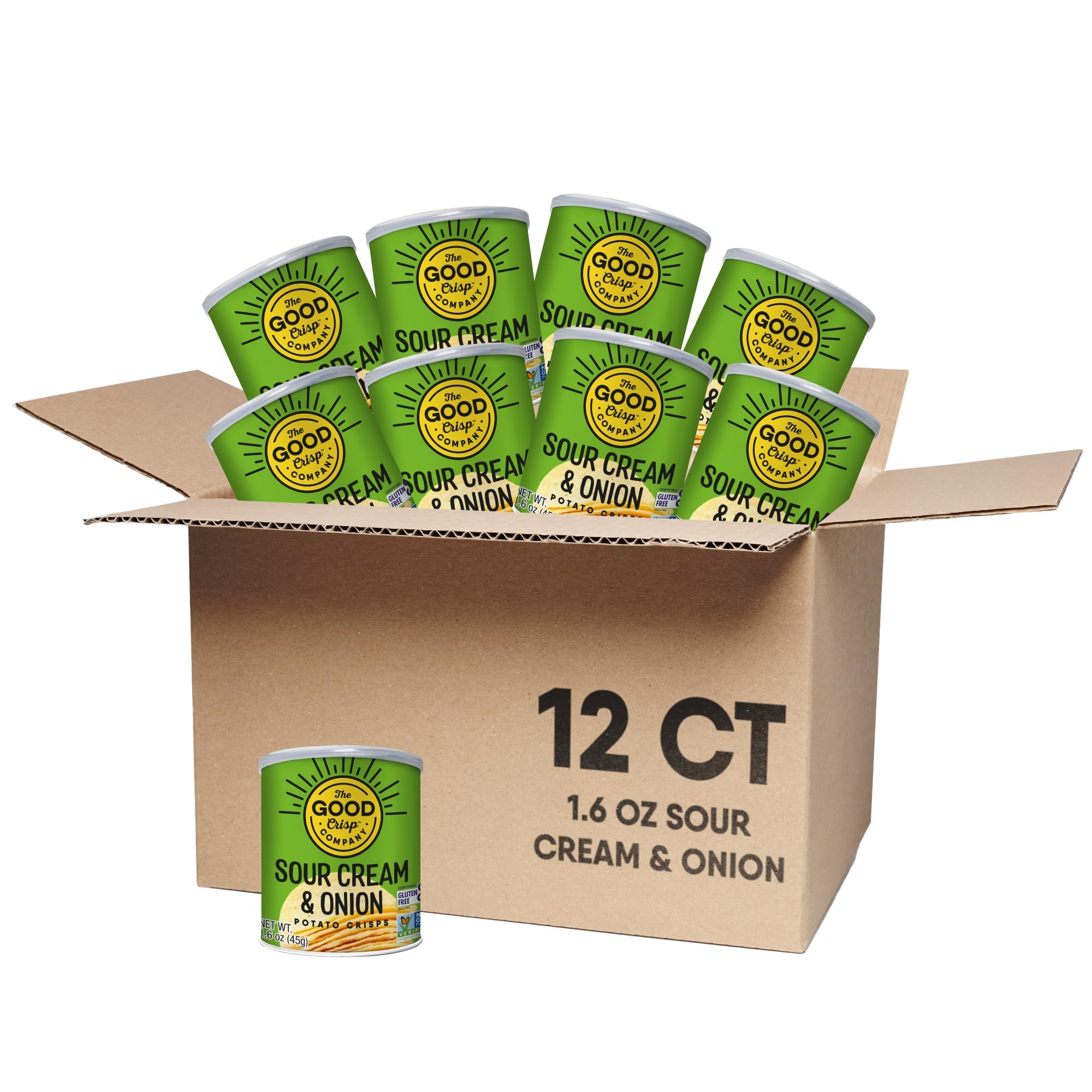 The Good Crisp Company lata frontal mostrando diseño y conveniencia