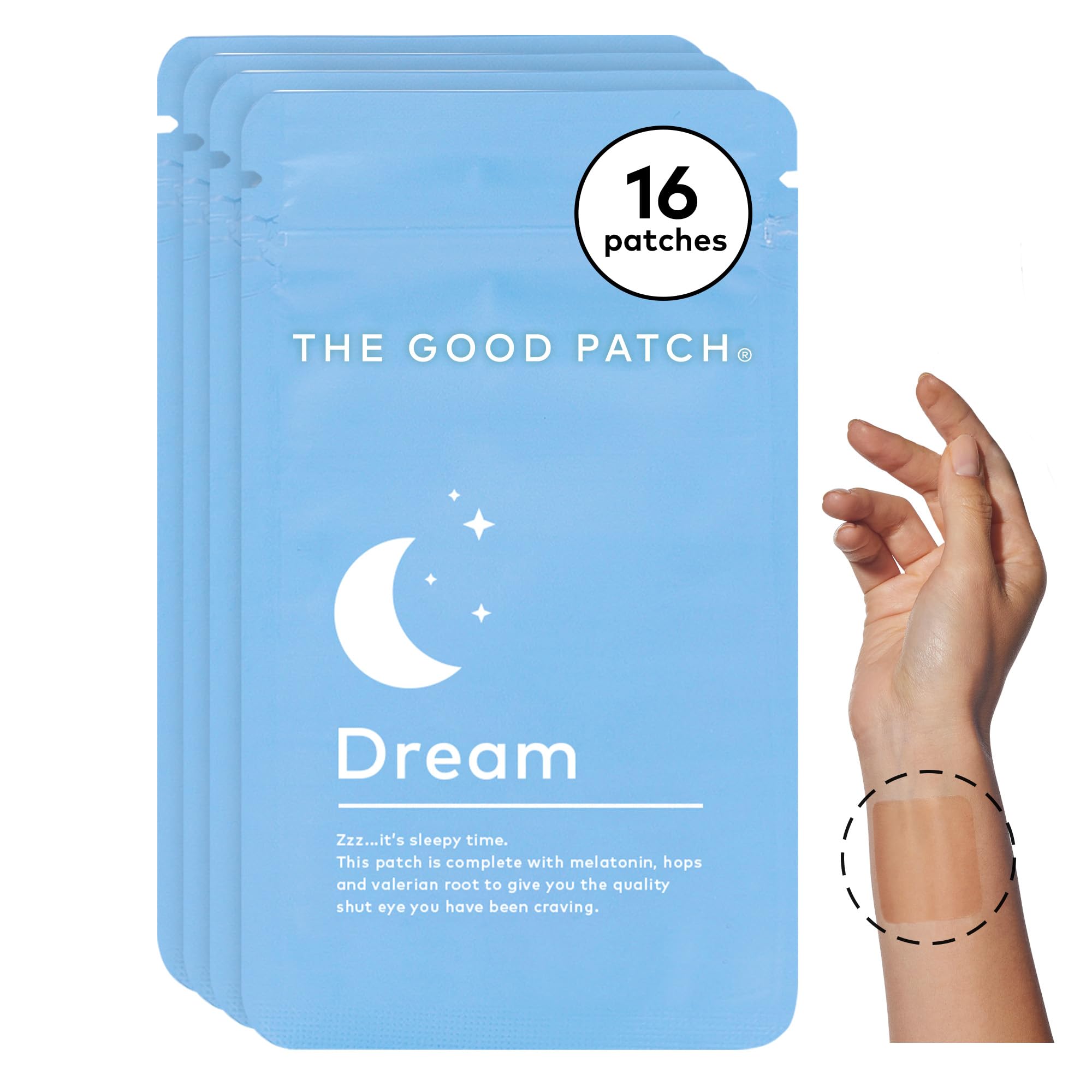The Good Patch vista frontal del empaque que muestra 16 parches, conveniencia nocturna