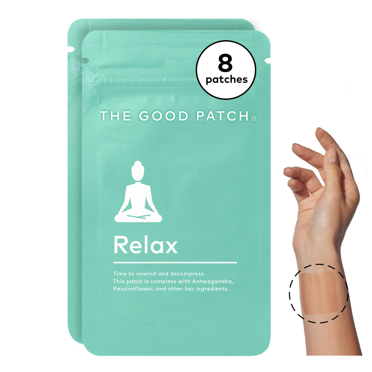 The Good Patch empaque frontal mostrando caja y cantidad, beneficio de portabilidad