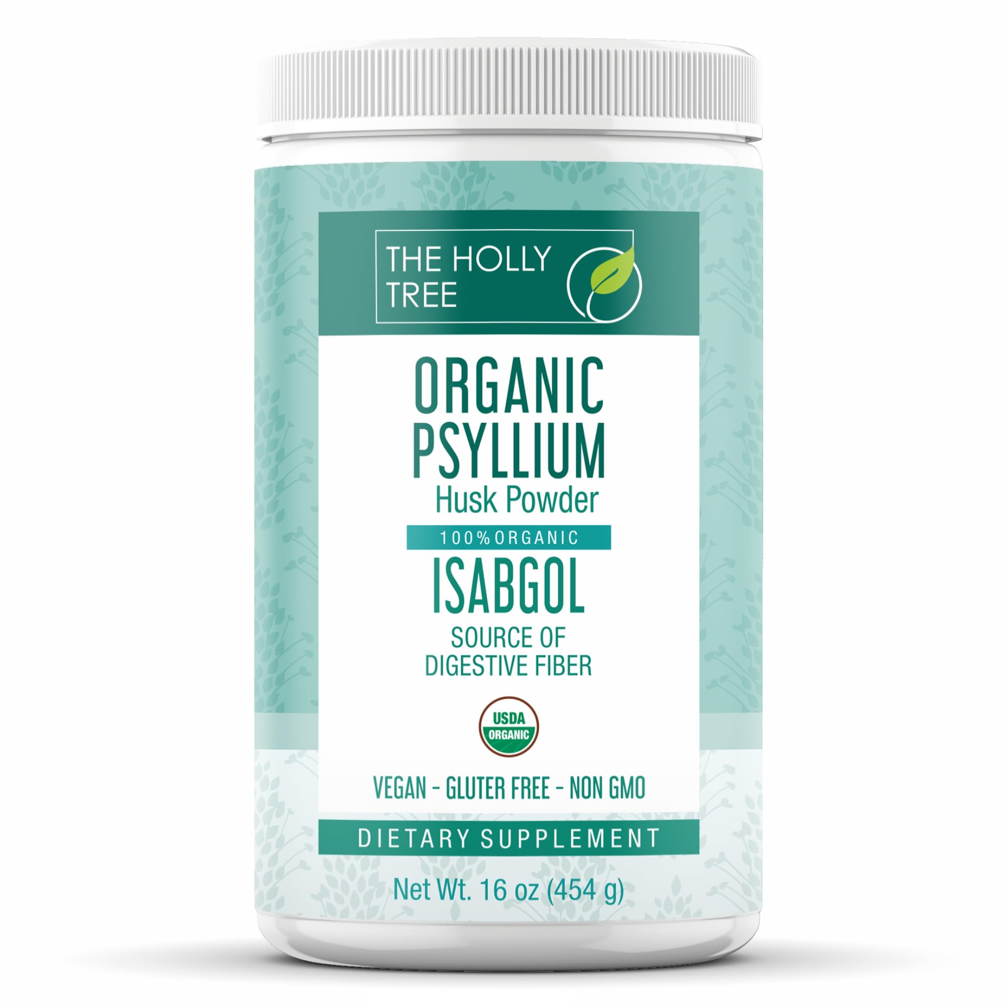 THE HOLLY TREE paquete frontal de psyllium orgánico mostrando tamaño y etiqueta