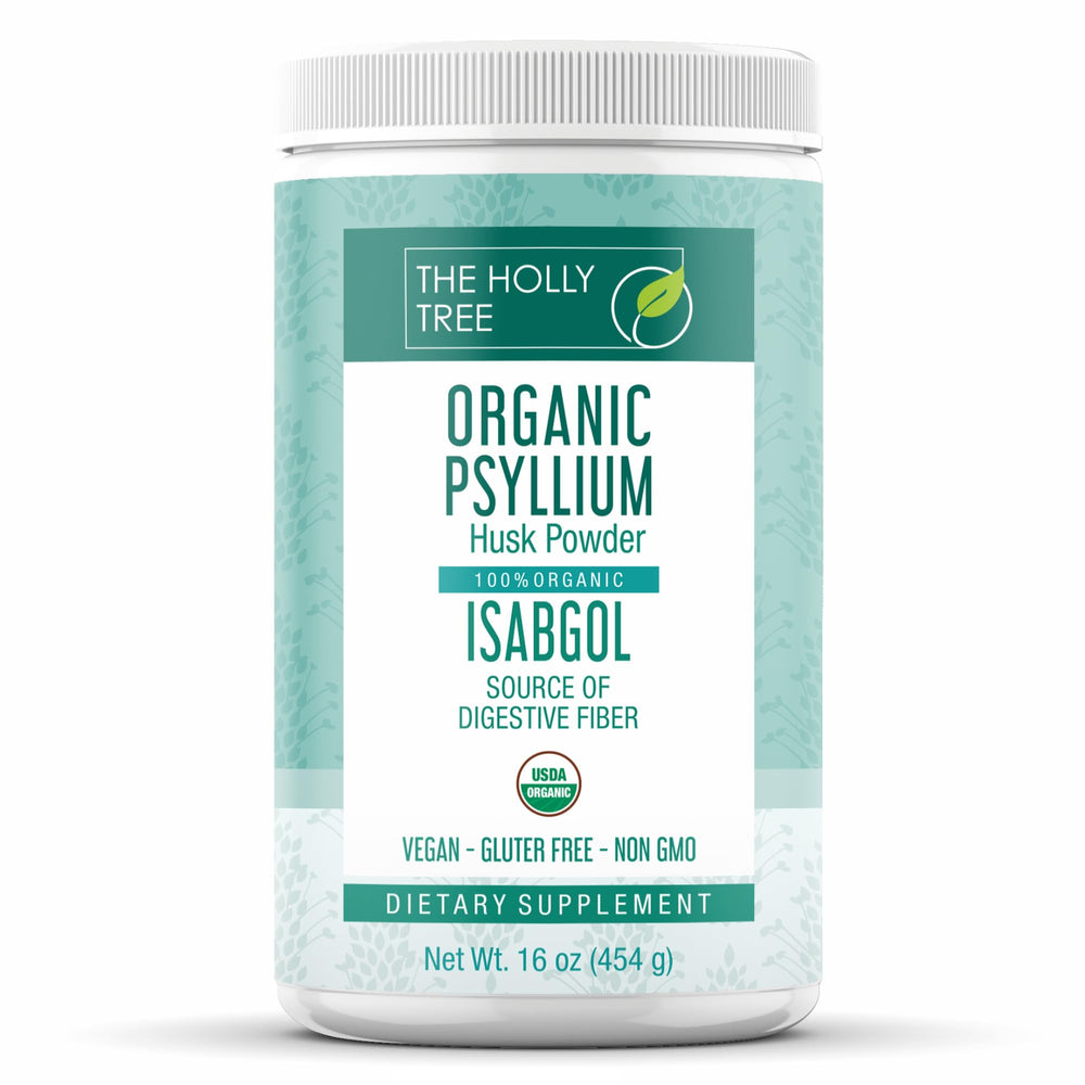 THE HOLLY TREE paquete frontal de psyllium orgánico mostrando tamaño y etiqueta