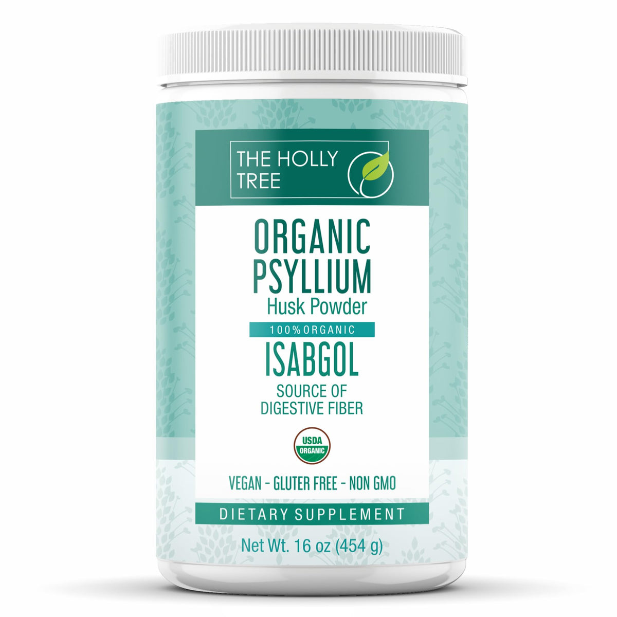 THE HOLLY TREE paquete frontal de psyllium orgánico mostrando tamaño y etiqueta