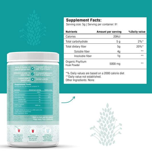 THE HOLLY TREE primer plano de la textura fina del psyllium, fácil de mezclar