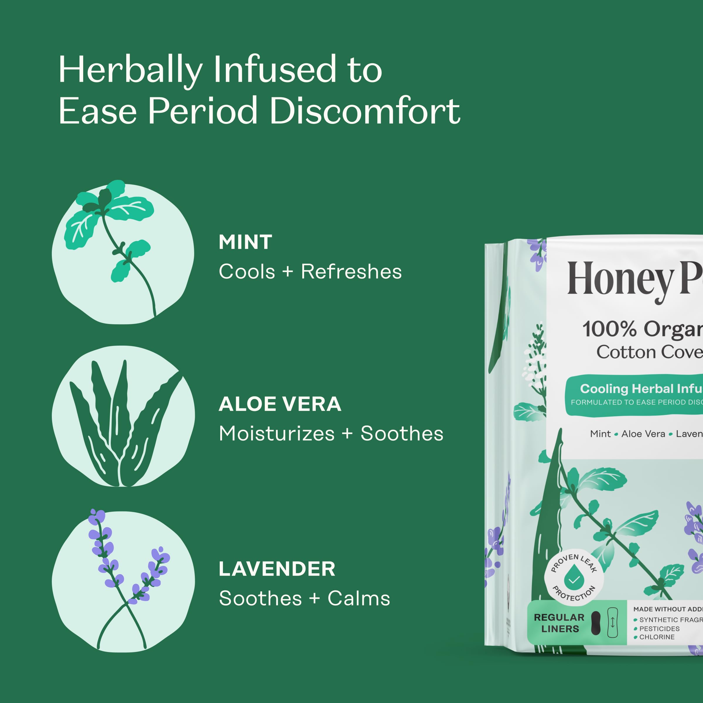 Primer plano de un pantyliner infundido The Honey Pot Company destacando efecto refrescante