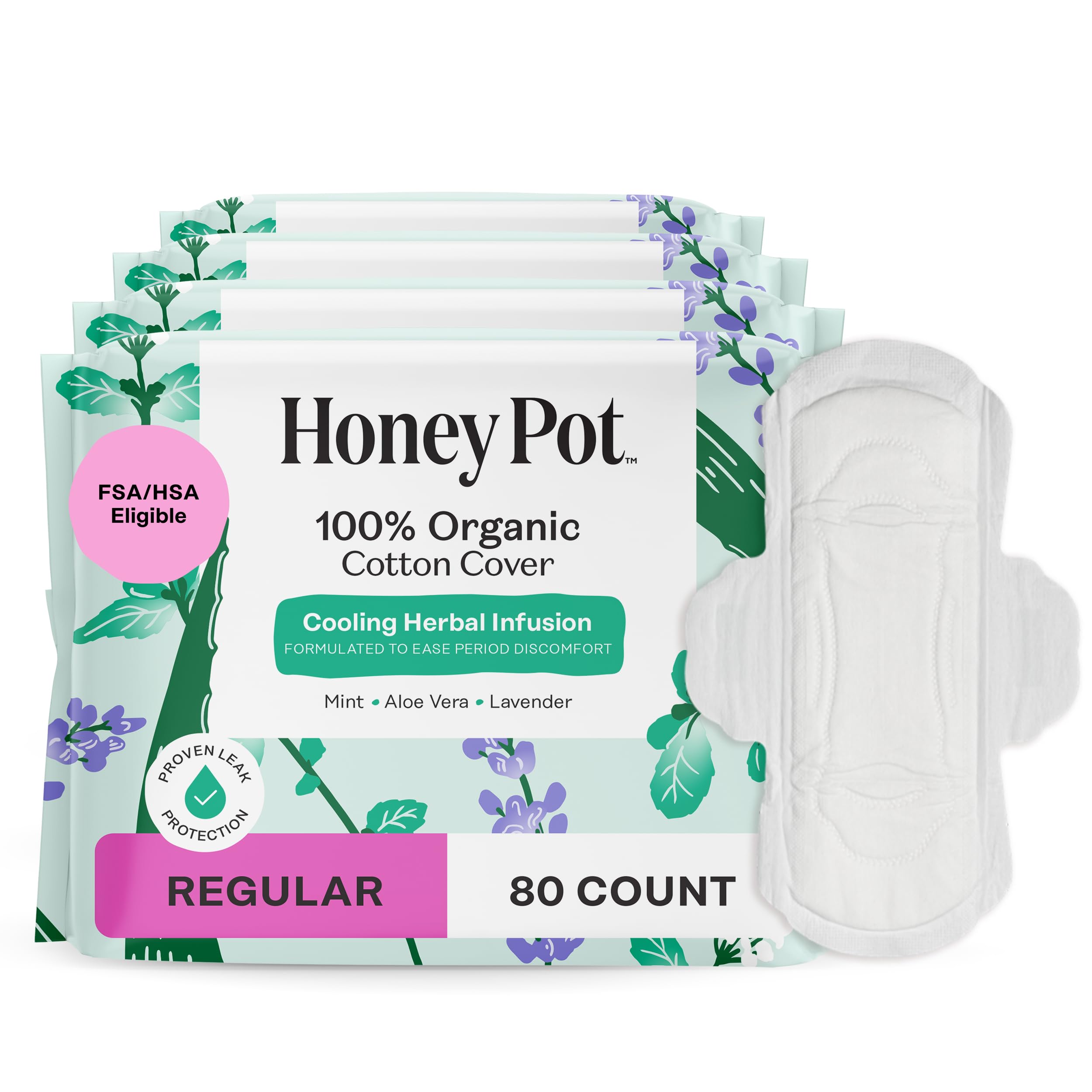 The Honey Pot Company empaque frontal mostrando compresas y beneficios