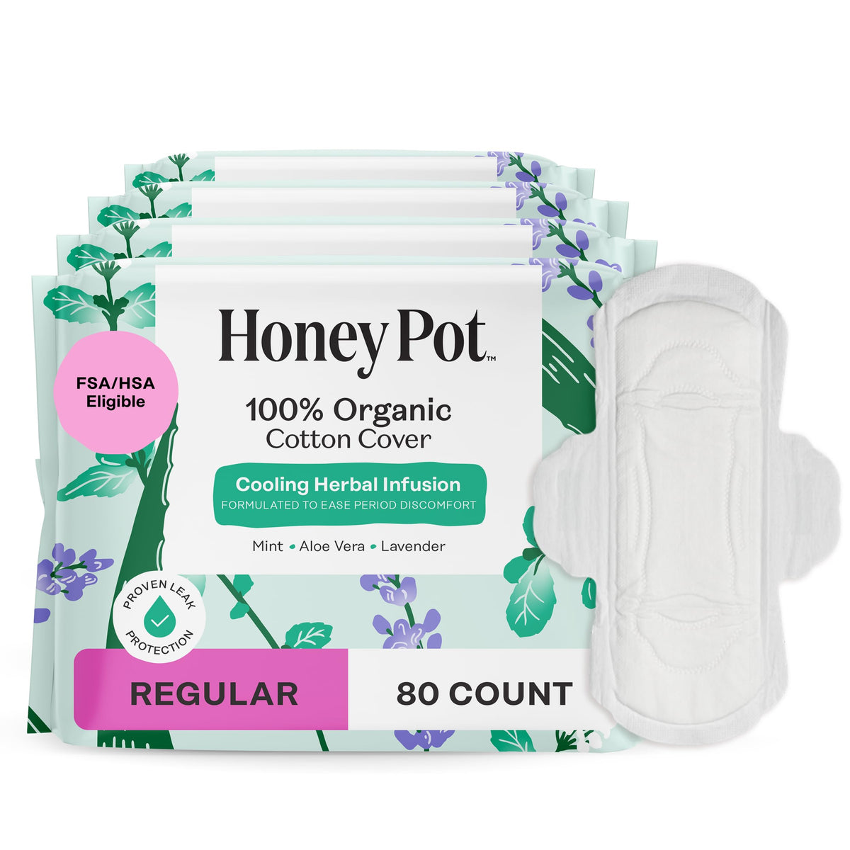 The Honey Pot Company empaque frontal mostrando compresas y beneficios