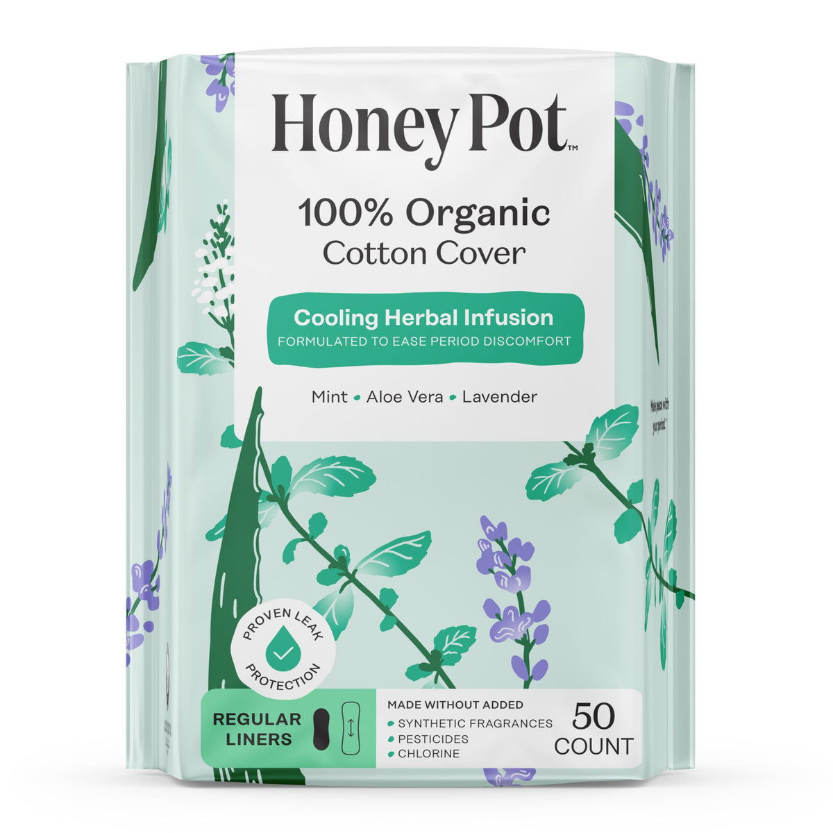 The Honey Pot Company empaque frontal mostrando pantyliners y beneficios de frescura