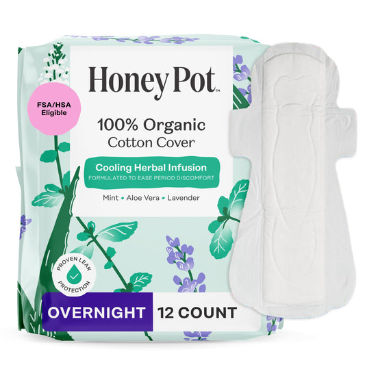 The Honey Pot Company empaque frontal mostrando toallas nocturnas y beneficios
