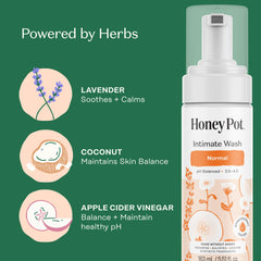The Honey Pot Company etiqueta lateral visible, información de ingredientes y pH