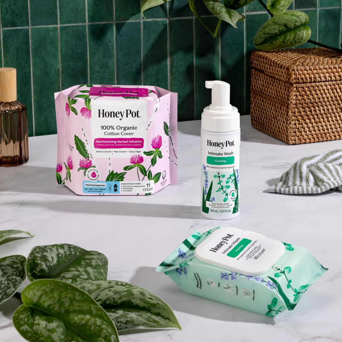 The Honey Pot Company etiqueta legible con lista de ingredientes y beneficios