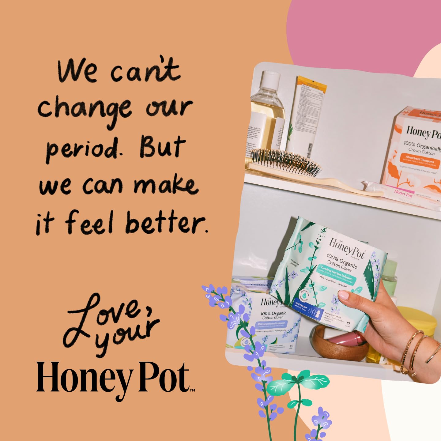 The Honey Pot Company etiqueta informativa, sin fragancias sintéticas ni cloro