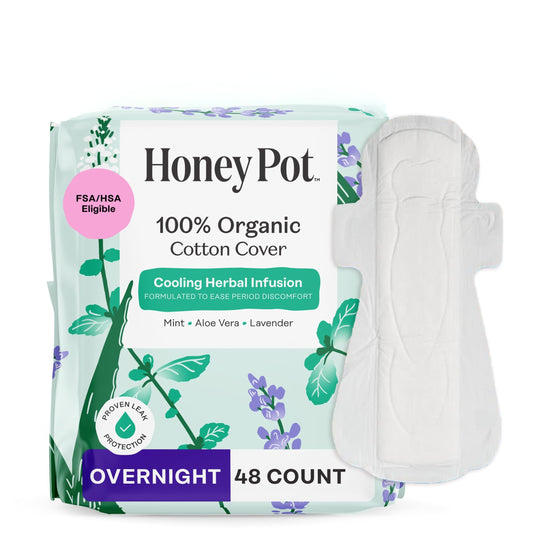 The Honey Pot Company empaque frontal que muestra toallas nocturnas, protege toda la noche
