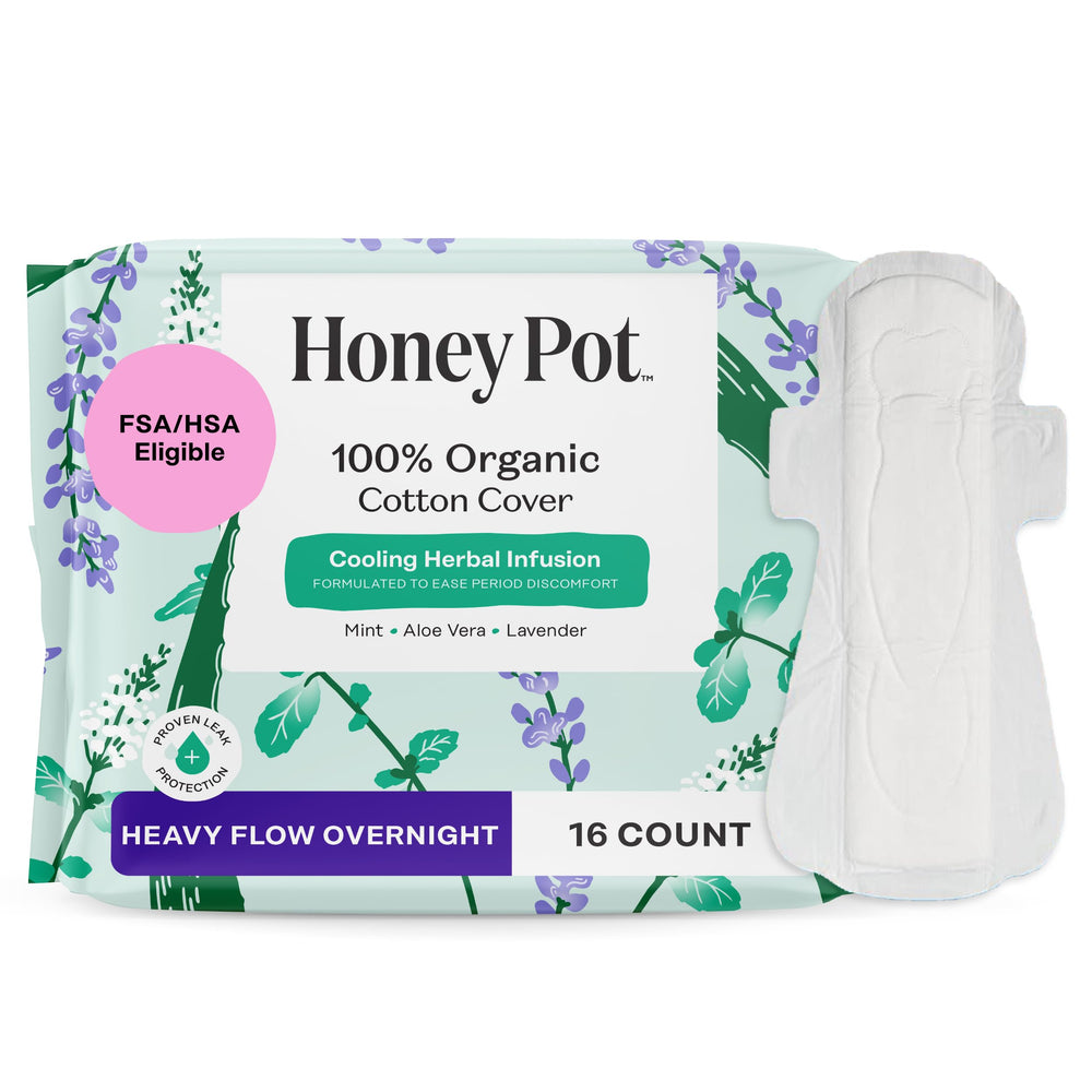 The Honey Pot Company toalla nocturna frontal mostrando embalaje y beneficio protección