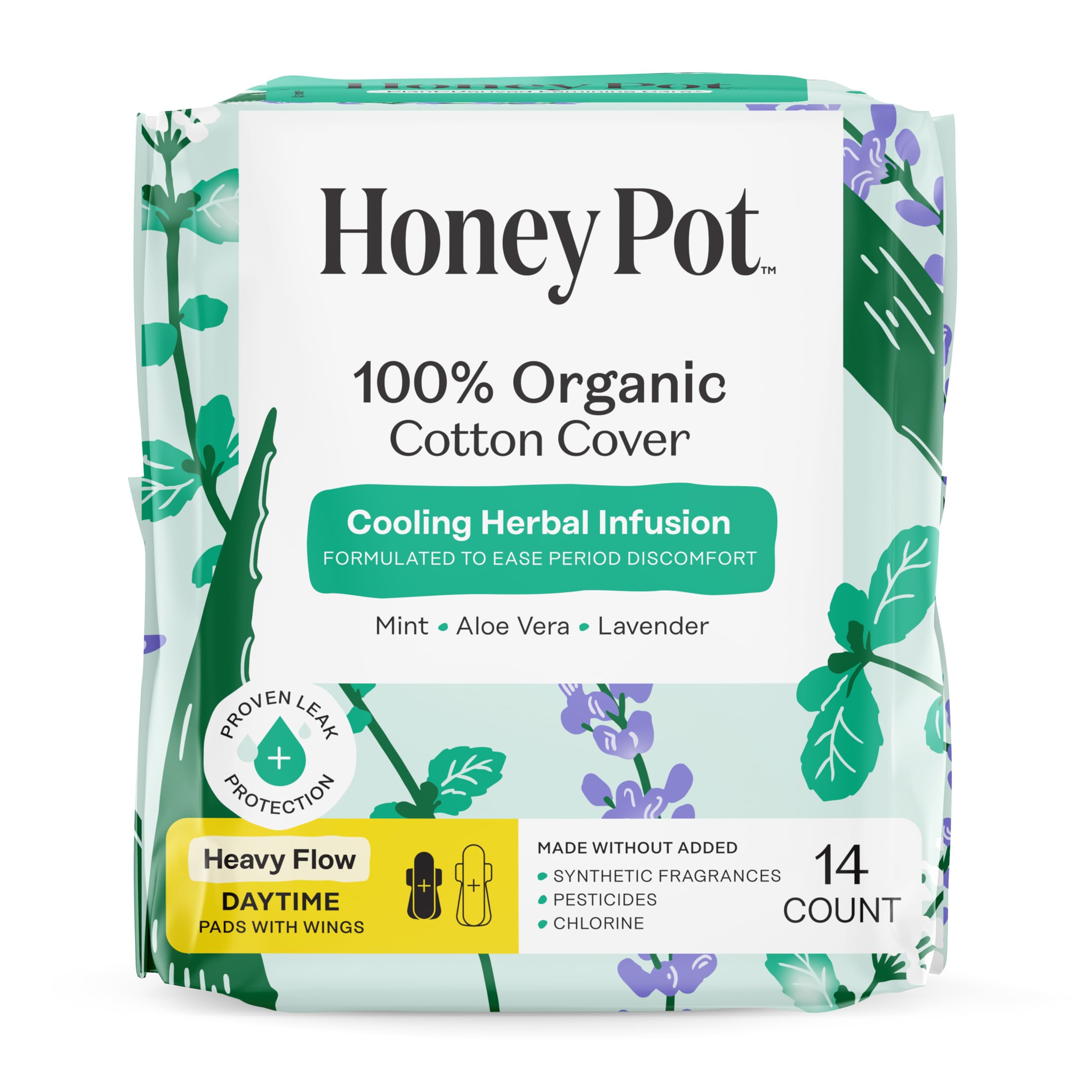 The Honey Pot Company empaque frontal mostrando compresas para flujo abundante y confianza