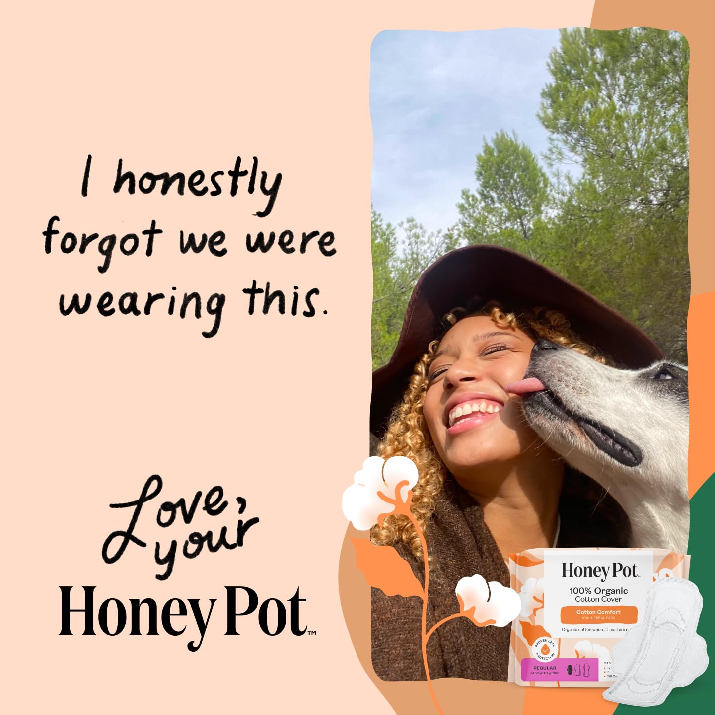 The Honey Pot Company mano sosteniendo compresa, demuestra tamaño y facilidad uso
