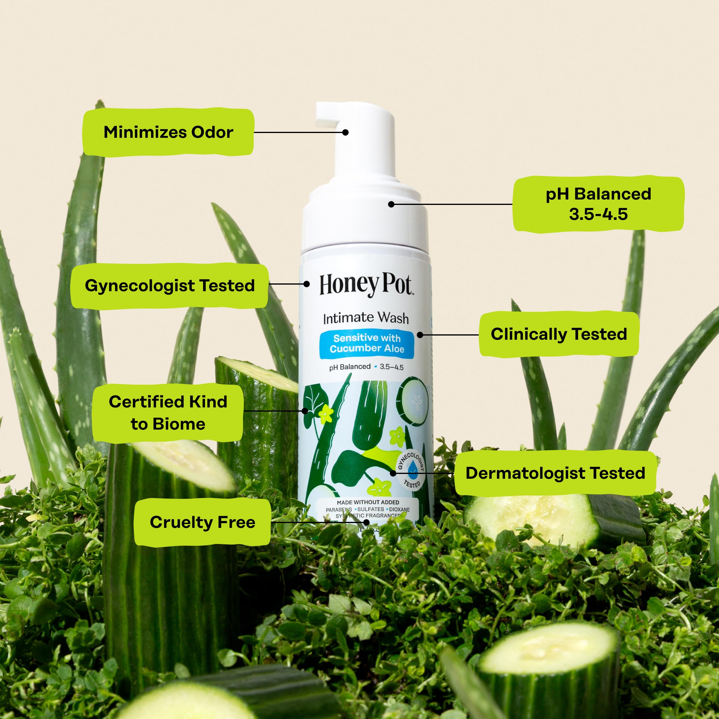 Comparación de tamaño de la botella The Honey Pot para visualizar cantidad útil